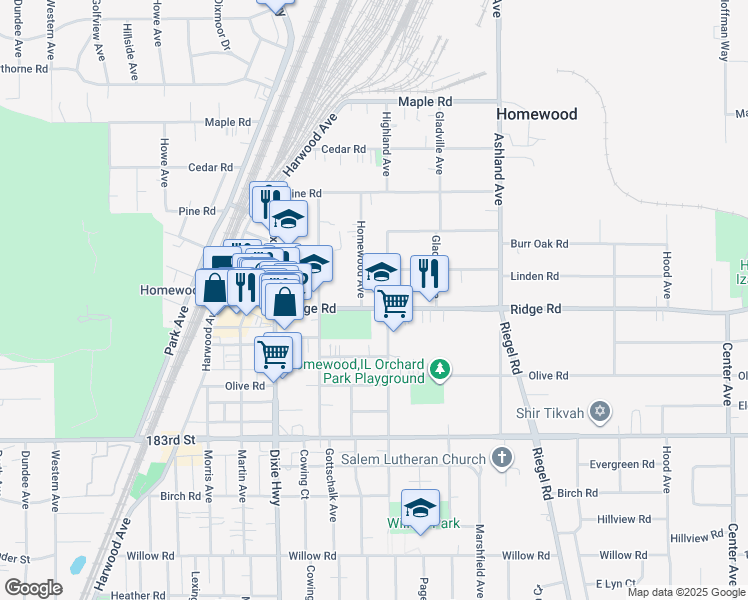 map of restaurants, bars, coffee shops, grocery stores, and more near 1818 Ridge Road in Homewood
