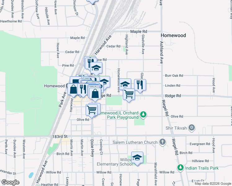 map of restaurants, bars, coffee shops, grocery stores, and more near 1820 Ridge Road in Homewood