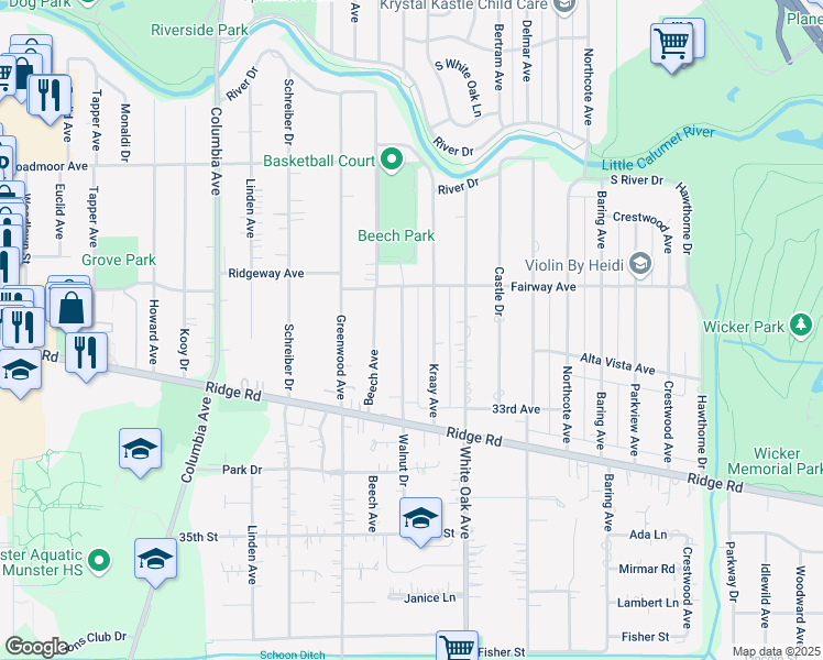 map of restaurants, bars, coffee shops, grocery stores, and more near 8339 Walnut Drive in Munster