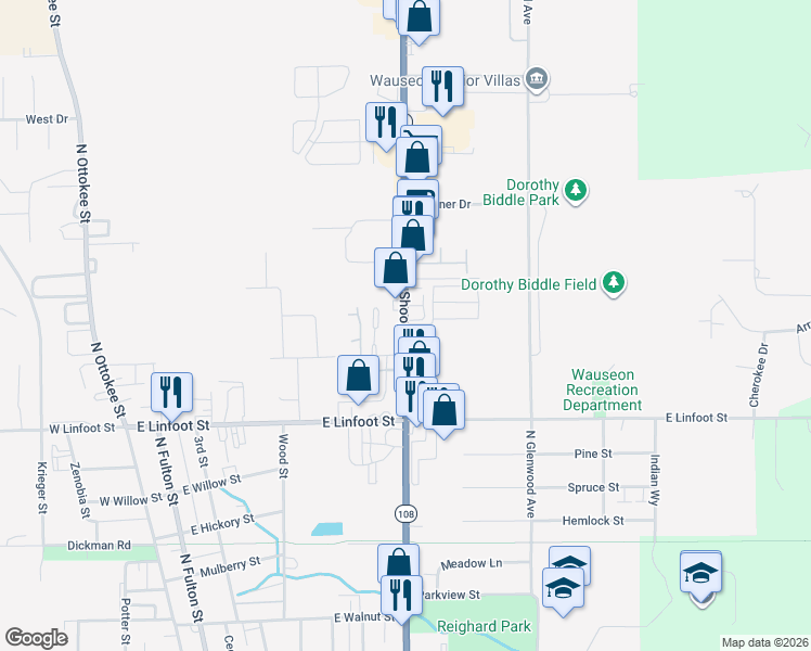 map of restaurants, bars, coffee shops, grocery stores, and more near 1115 North Shoop Avenue in Wauseon