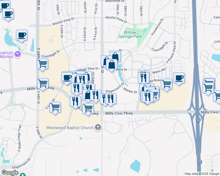 map of restaurants, bars, coffee shops, grocery stores, and more near 5905 Stagecoach Drive in West Des Moines