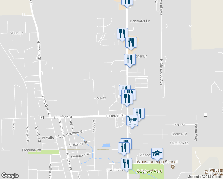 map of restaurants, bars, coffee shops, grocery stores, and more near 415 Cole Street in Wauseon