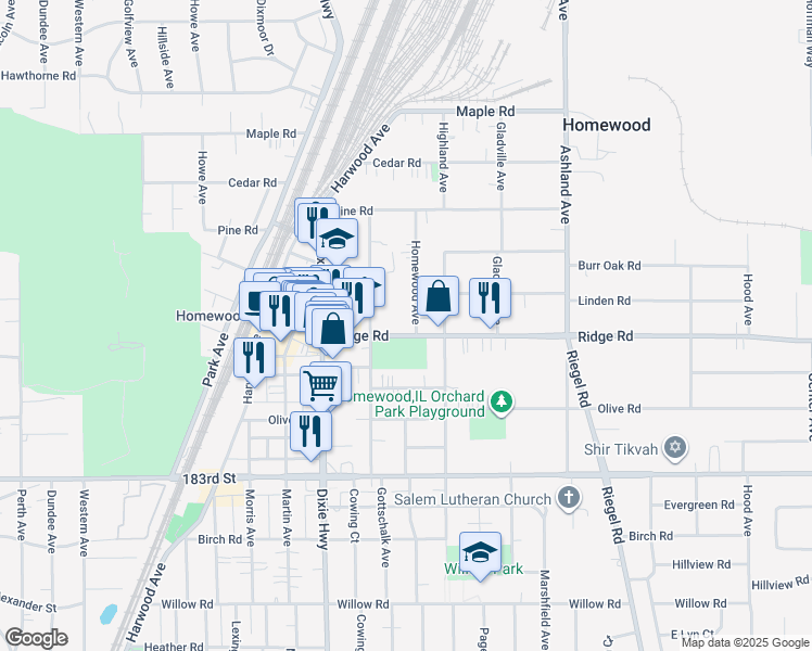 map of restaurants, bars, coffee shops, grocery stores, and more near 1818 Ridge Road in Homewood