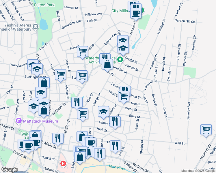 map of restaurants, bars, coffee shops, grocery stores, and more near 296 Orange Street in Waterbury