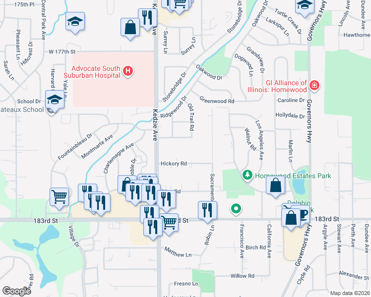 map of restaurants, bars, coffee shops, grocery stores, and more near 3103 Shagbark Lane in Hazel Crest