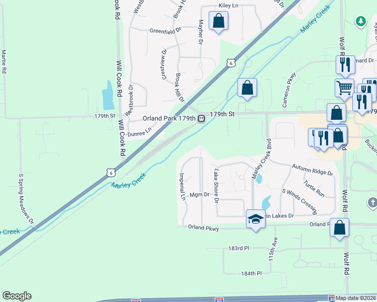 map of restaurants, bars, coffee shops, grocery stores, and more near 11700 Imperial Lane in Orland Park