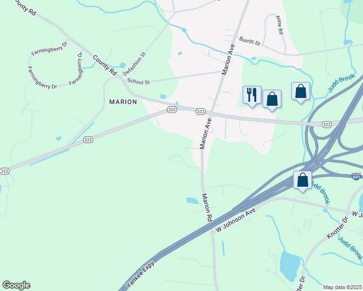 map of restaurants, bars, coffee shops, grocery stores, and more near 1341 Marion Avenue in Southington