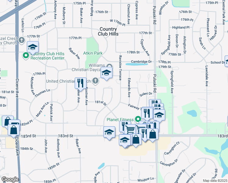 map of restaurants, bars, coffee shops, grocery stores, and more near 18023 Idlewild Drive in Country Club Hills
