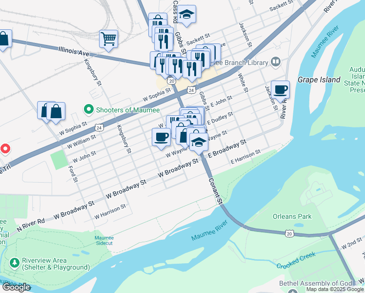 map of restaurants, bars, coffee shops, grocery stores, and more near 127 W Wayne St in Maumee