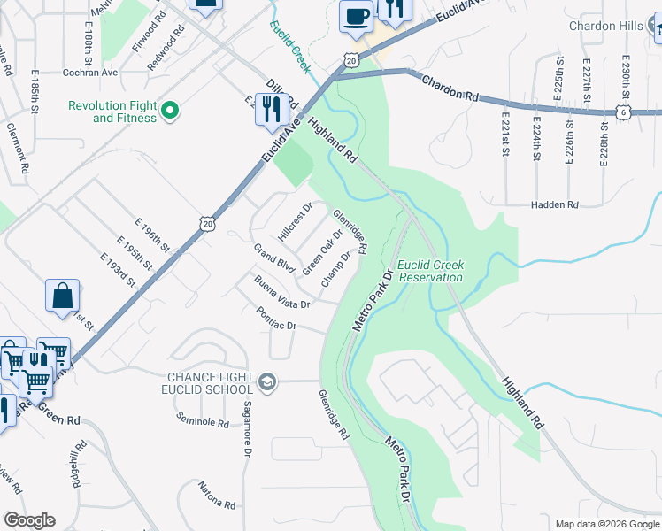 map of restaurants, bars, coffee shops, grocery stores, and more near 20061 Champ Drive in Euclid
