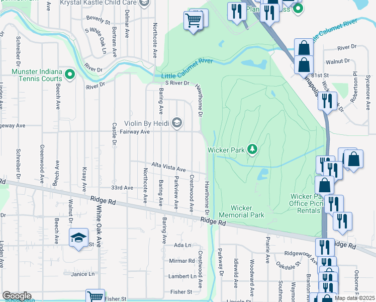 map of restaurants, bars, coffee shops, grocery stores, and more near 8330 Crestwood Avenue in Munster