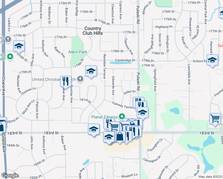 map of restaurants, bars, coffee shops, grocery stores, and more near 18024 Edwards Avenue in Country Club Hills