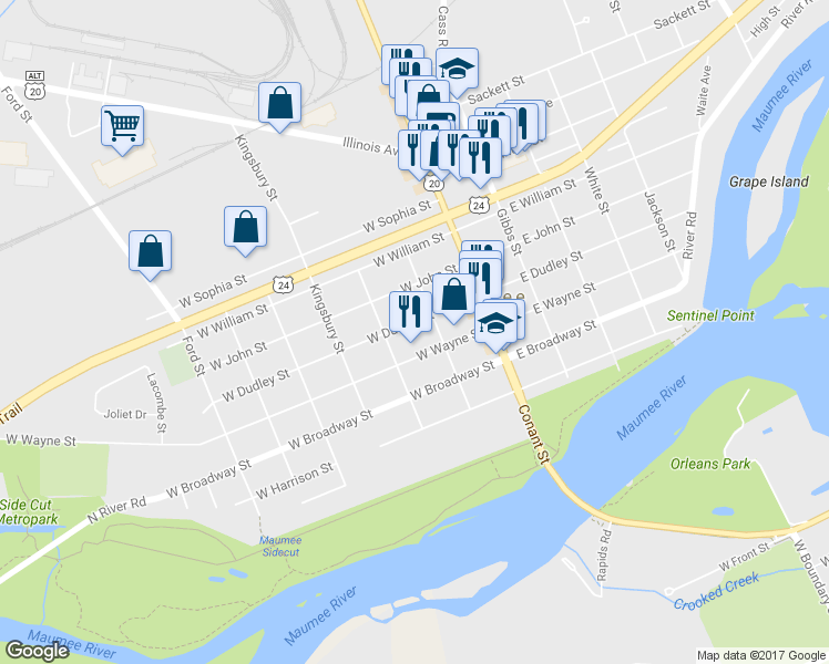 map of restaurants, bars, coffee shops, grocery stores, and more near 214 West Dudley Street in Maumee