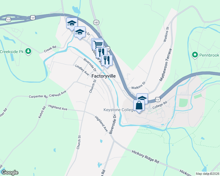 map of restaurants, bars, coffee shops, grocery stores, and more near 214 Riverside Drive in Factoryville