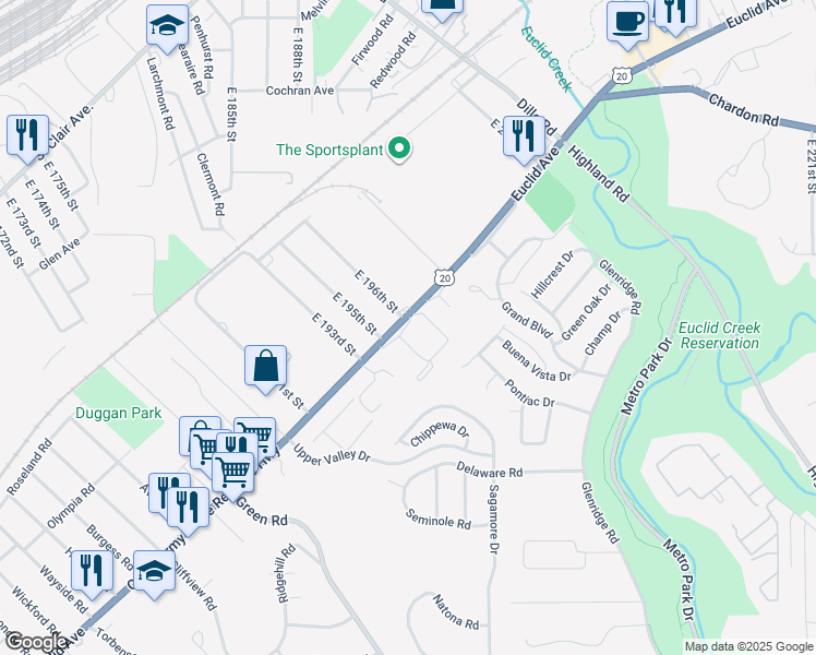 map of restaurants, bars, coffee shops, grocery stores, and more near 19500 Euclid Avenue in Euclid
