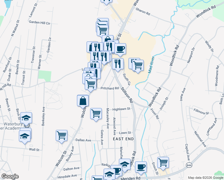map of restaurants, bars, coffee shops, grocery stores, and more near 39 Pritchard Road in Waterbury