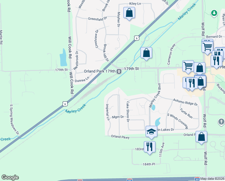 map of restaurants, bars, coffee shops, grocery stores, and more near 11700 Imperial Lane in Orland Park