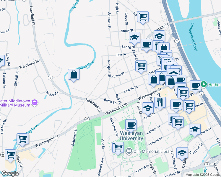 map of restaurants, bars, coffee shops, grocery stores, and more near 196 Liberty Street in Middletown