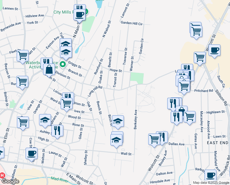map of restaurants, bars, coffee shops, grocery stores, and more near 158 Long Hill Road in Waterbury