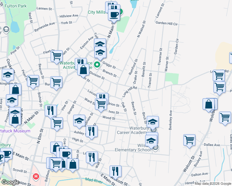 map of restaurants, bars, coffee shops, grocery stores, and more near 12 Violet Street in Waterbury