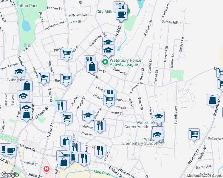 map of restaurants, bars, coffee shops, grocery stores, and more near 122 East Farm Street in Waterbury