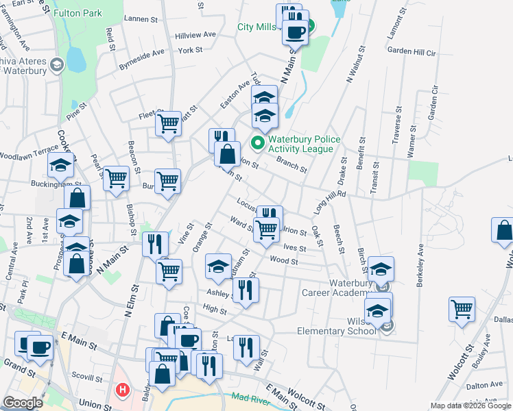 map of restaurants, bars, coffee shops, grocery stores, and more near 122 East Farm Street in Waterbury