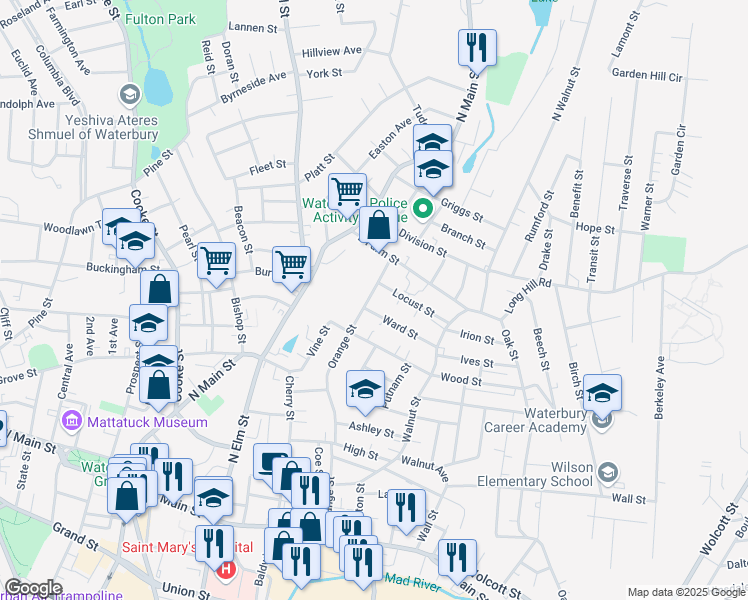 map of restaurants, bars, coffee shops, grocery stores, and more near 296 Orange Street in Waterbury