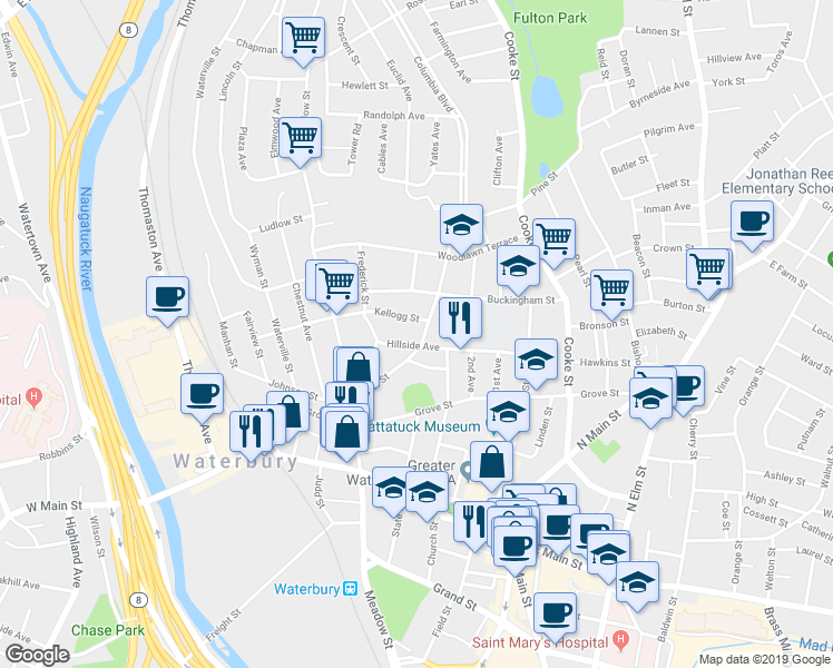 map of restaurants, bars, coffee shops, grocery stores, and more near 96 Pine Street in Waterbury