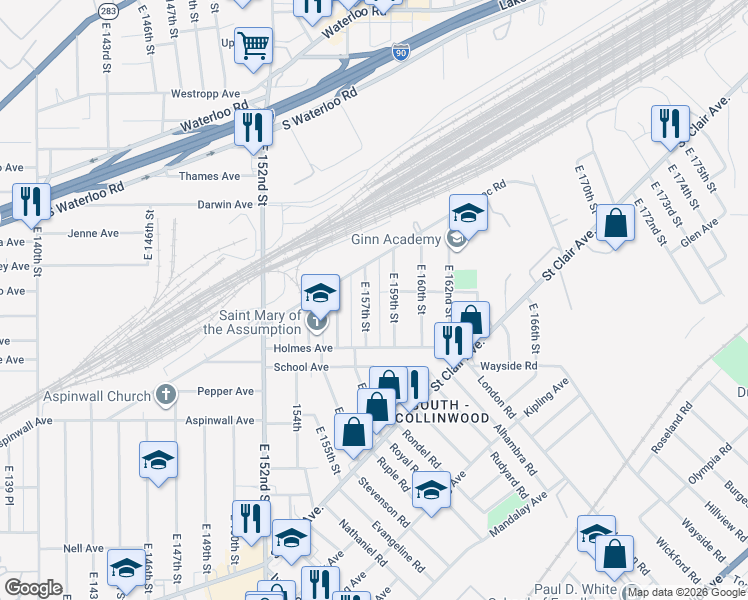 map of restaurants, bars, coffee shops, grocery stores, and more near 690 East 157th Street in Cleveland