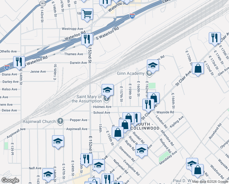 map of restaurants, bars, coffee shops, grocery stores, and more near 690 East 157th Street in Cleveland
