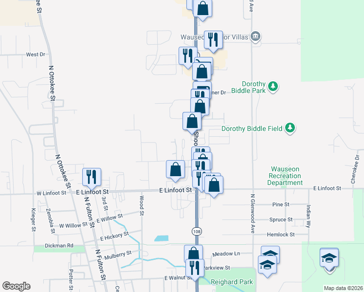 map of restaurants, bars, coffee shops, grocery stores, and more near 1115 N Shoop Ave in Wauseon