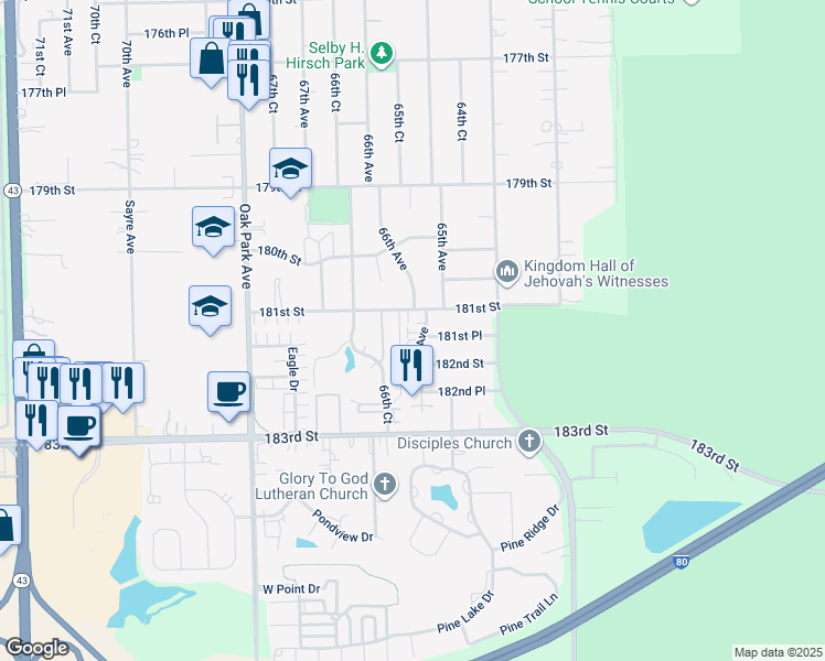 map of restaurants, bars, coffee shops, grocery stores, and more near 6601 181st Street in Tinley Park