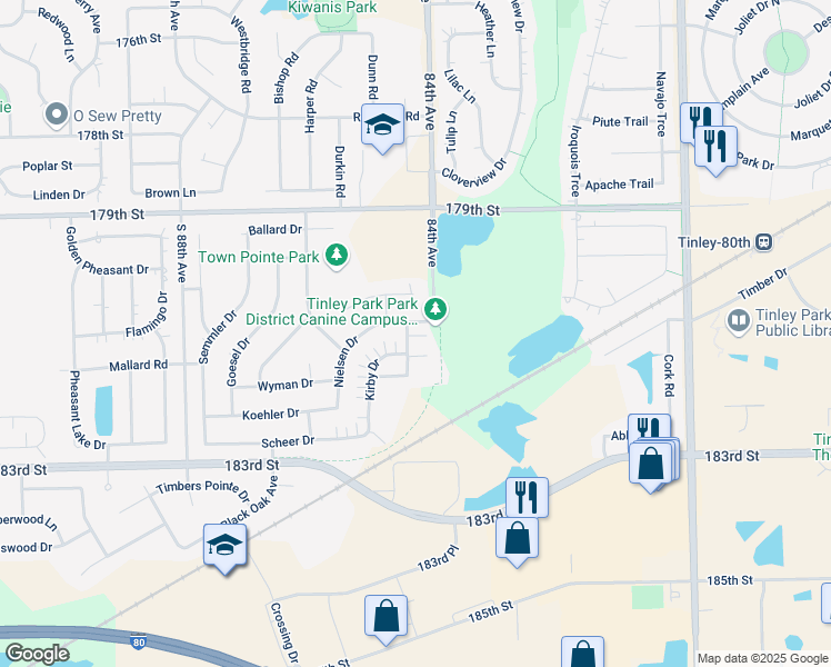 map of restaurants, bars, coffee shops, grocery stores, and more near 8417 Nielsen Drive in Tinley Park