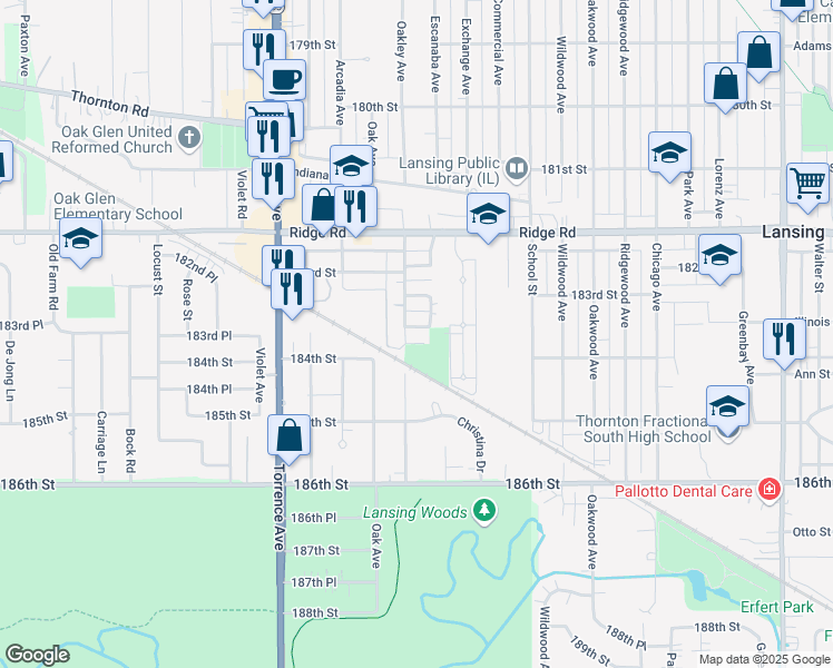 map of restaurants, bars, coffee shops, grocery stores, and more near 2607 183rd Place in Lansing