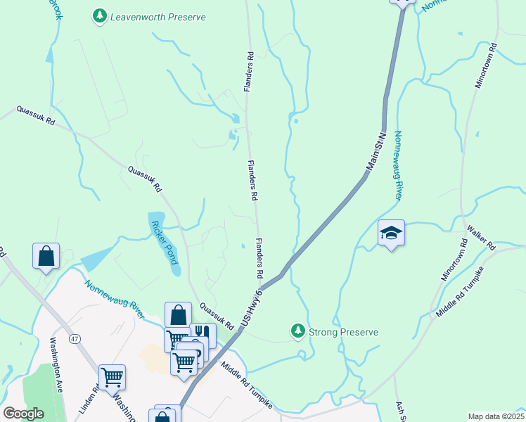 map of restaurants, bars, coffee shops, grocery stores, and more near 48 Flanders Road in Woodbury