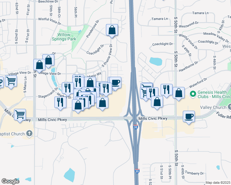 map of restaurants, bars, coffee shops, grocery stores, and more near 5405 Mills Civic Parkway in West Des Moines