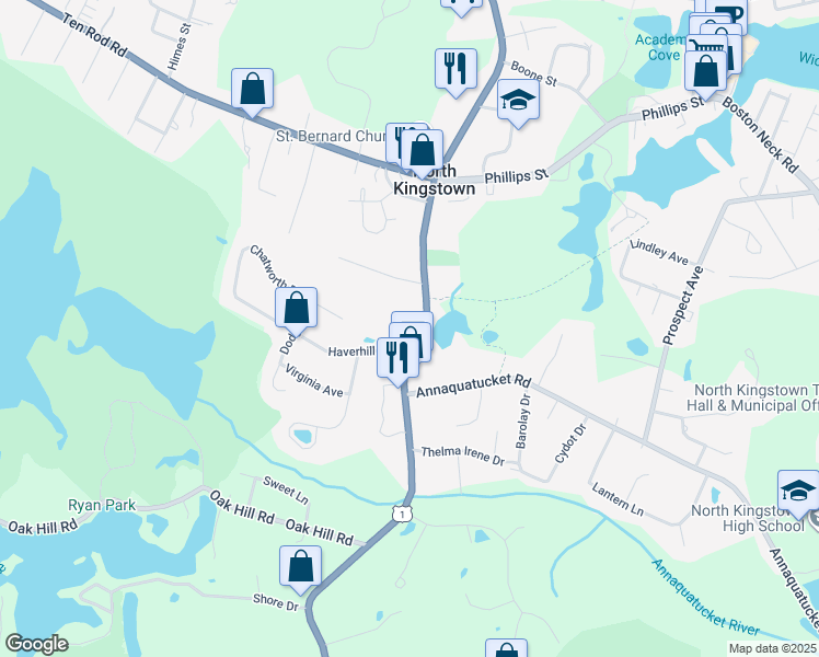 map of restaurants, bars, coffee shops, grocery stores, and more near 485 Tower Hill Road in North Kingstown