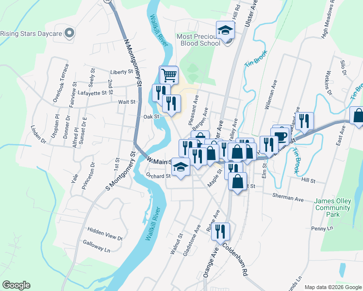 map of restaurants, bars, coffee shops, grocery stores, and more near 33 Oak Street in Walden