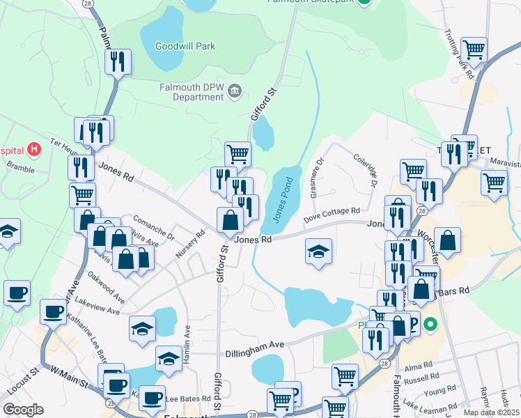 map of restaurants, bars, coffee shops, grocery stores, and more near 339 Gifford Street in Falmouth