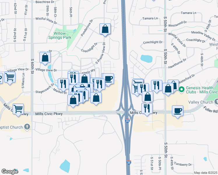 map of restaurants, bars, coffee shops, grocery stores, and more near 5405 Mills Civic Parkway in West Des Moines