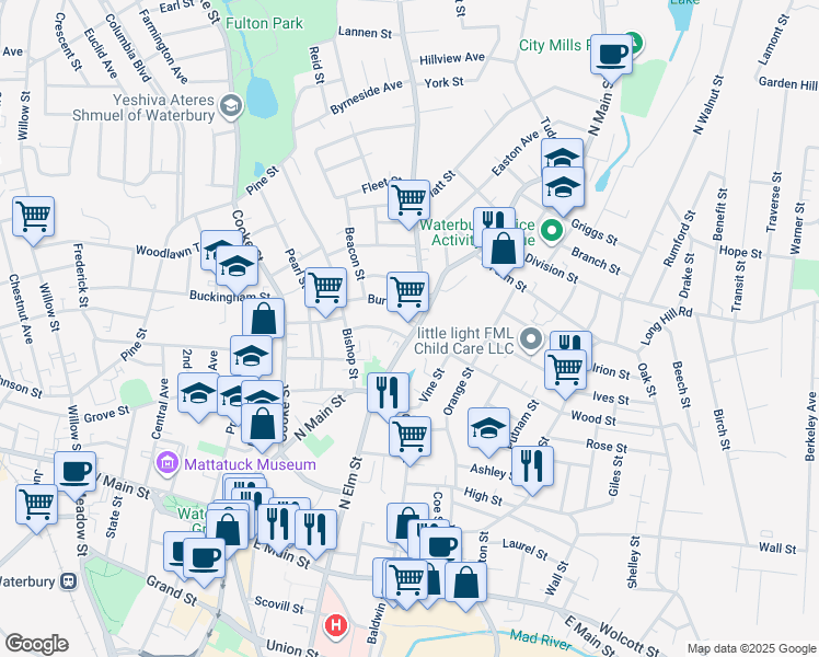 map of restaurants, bars, coffee shops, grocery stores, and more near 601 North Main Street in Waterbury