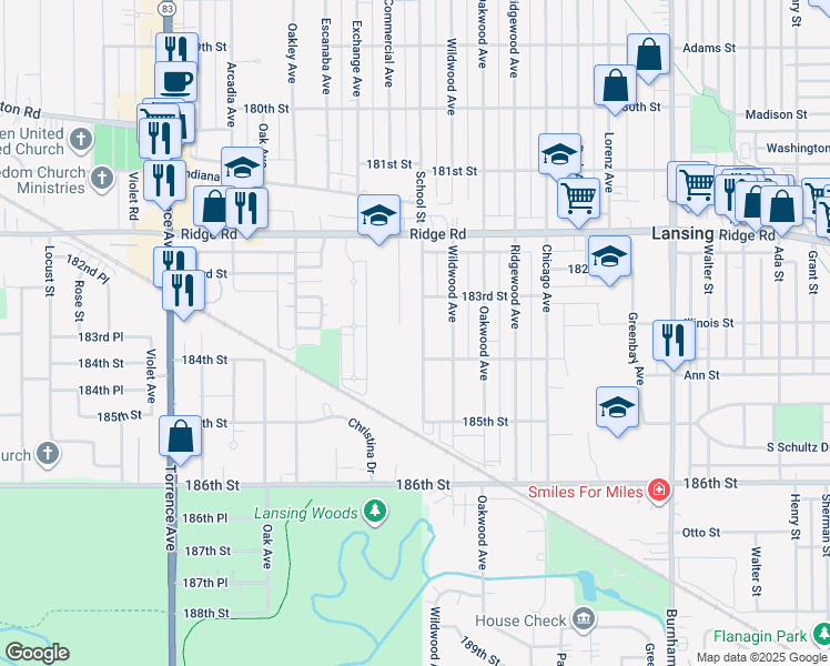 map of restaurants, bars, coffee shops, grocery stores, and more near 18336 School Street in Lansing