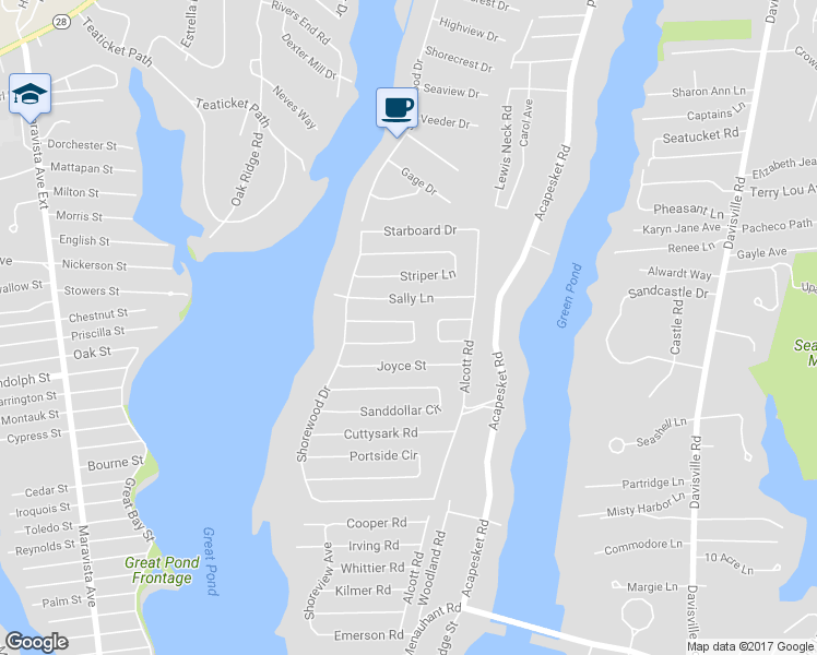 map of restaurants, bars, coffee shops, grocery stores, and more near 33 Sandpiper Circle in Falmouth