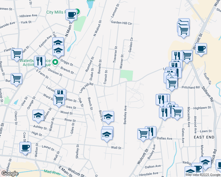 map of restaurants, bars, coffee shops, grocery stores, and more near 206 Long Hill Rd in Waterbury