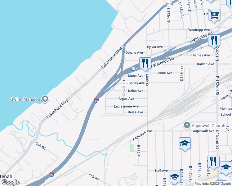 map of restaurants, bars, coffee shops, grocery stores, and more near 13414 Kelso Avenue in Cleveland