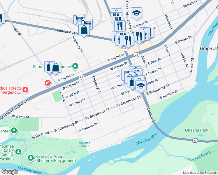 map of restaurants, bars, coffee shops, grocery stores, and more near 303 West Dudley Street in Maumee