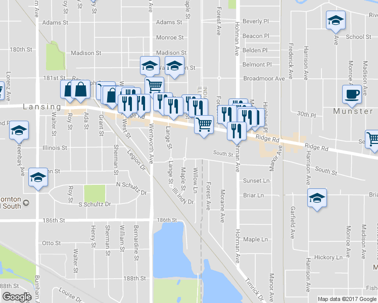 map of restaurants, bars, coffee shops, grocery stores, and more near 18335 Maple Street in Lansing
