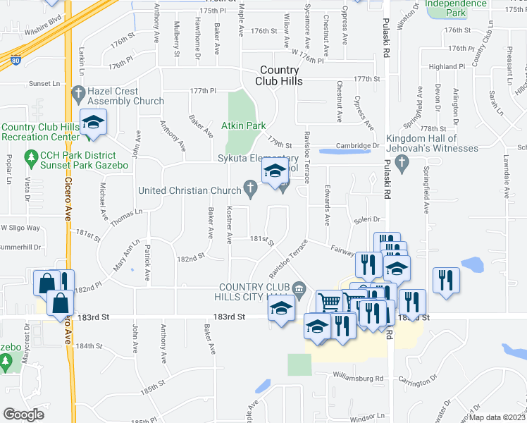 map of restaurants, bars, coffee shops, grocery stores, and more near 18020 Juneway Court in Country Club Hills