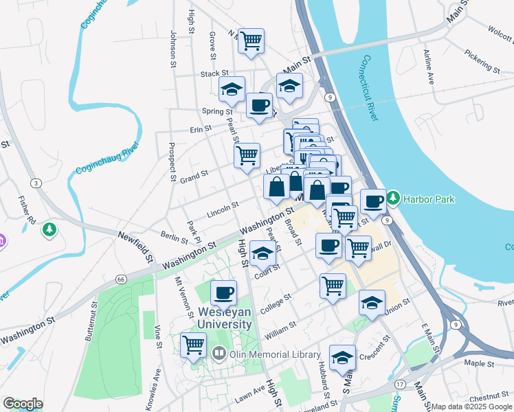 map of restaurants, bars, coffee shops, grocery stores, and more near 99 Lincoln Street in Middletown