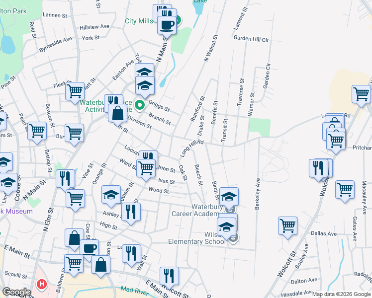 map of restaurants, bars, coffee shops, grocery stores, and more near 37 Long Hill Road in Waterbury